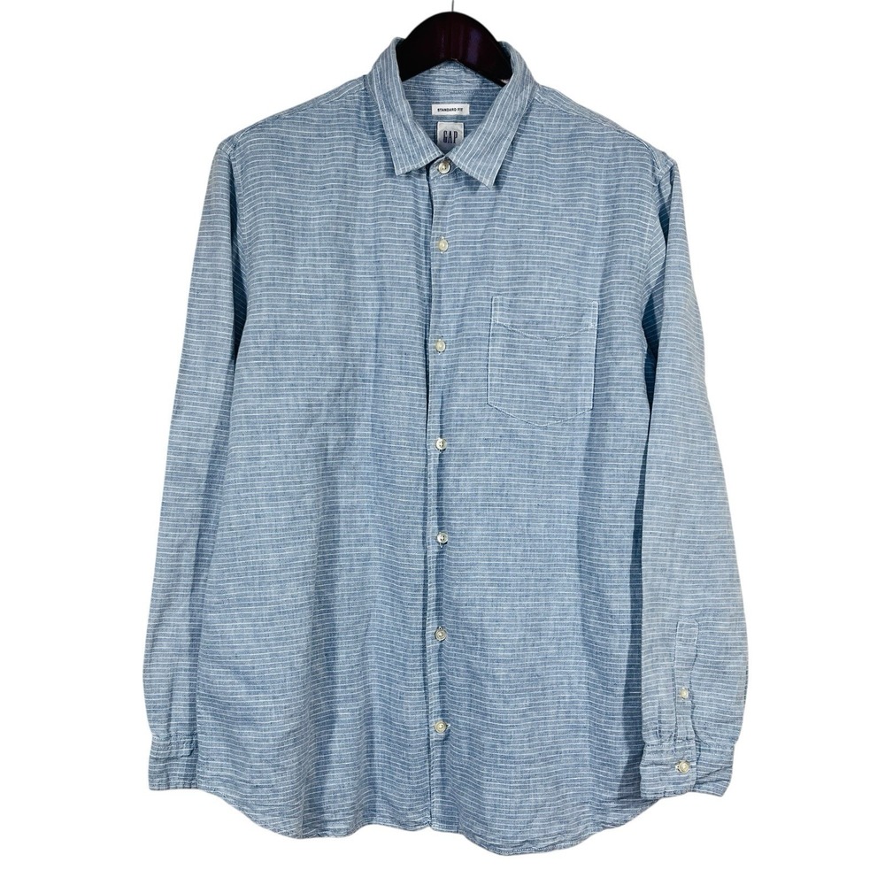 Gap Linen Blend Button Up Shirt Mens XL Standard Fit Blue Stripes Preppy Resort